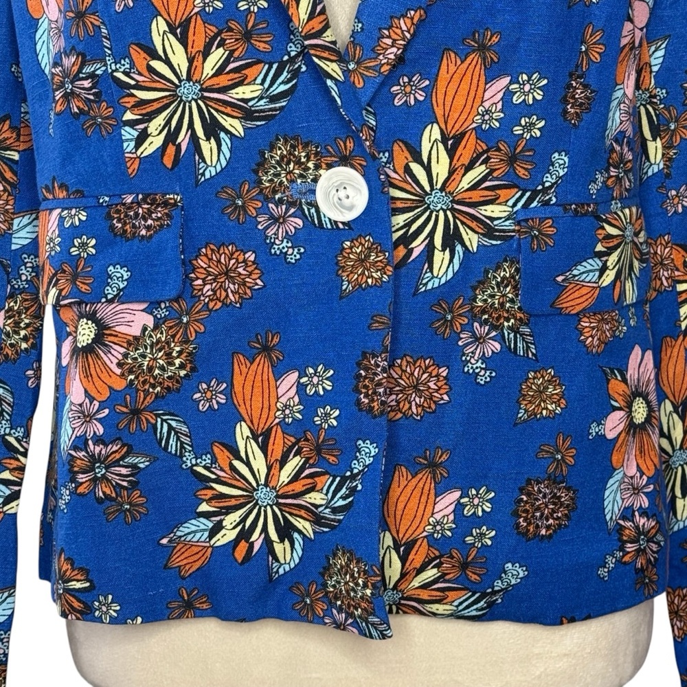 Modcloth Linen Floral Blue Blazer Size Small Botanical Long Sleeve - Picture 6 of 6